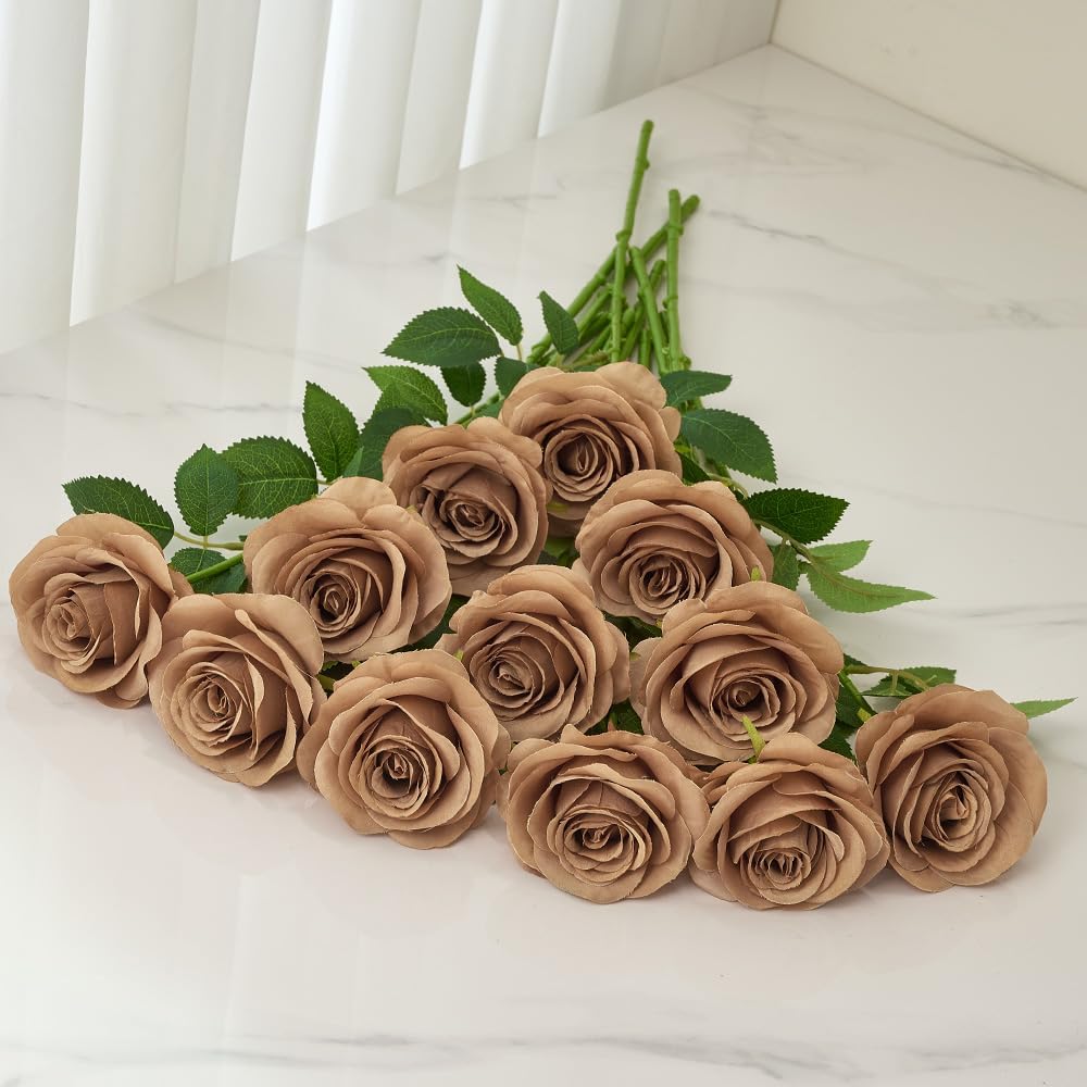 12pcs Coffee Roses Artificial Flowers Fake Roses Silk Flowers Roses with Long Stems for Wedding Home Party Centerpieces Decorations