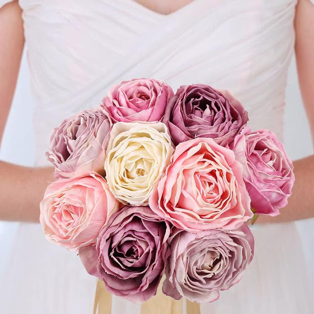 IPOPU Fake Roses 25pcs Vintage Purple Roses Artificial Flower for Decorations Colorful Artificial Roses Silk Flower Heads Bulk with Stems for Wedding Flowers Bouquet Centerpieces (Gradient Purple)