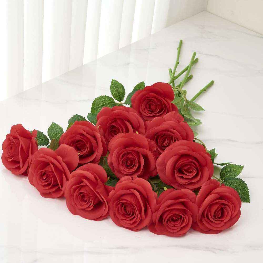 12pcs Roses Artificial Flowers Fake Roses Red Silk Roses Flowers Rose with Long Stems for Wedding Home Party Centerpieces Decorations