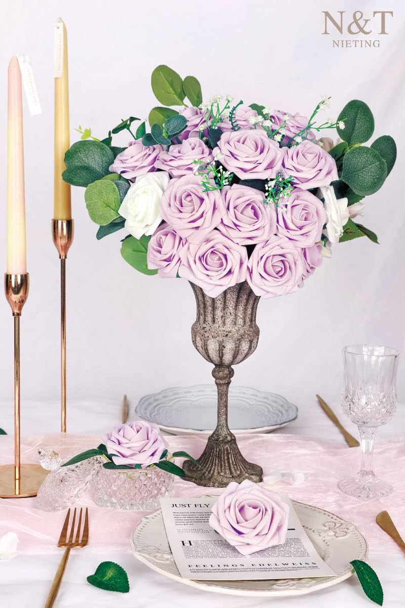 N&T NIETING Artificial Wedding Flowers 25 pcs Lilac Roses Fake Roses with Long Stems for Decortion Mother's Day Baby Shower Arrangements Bouquets