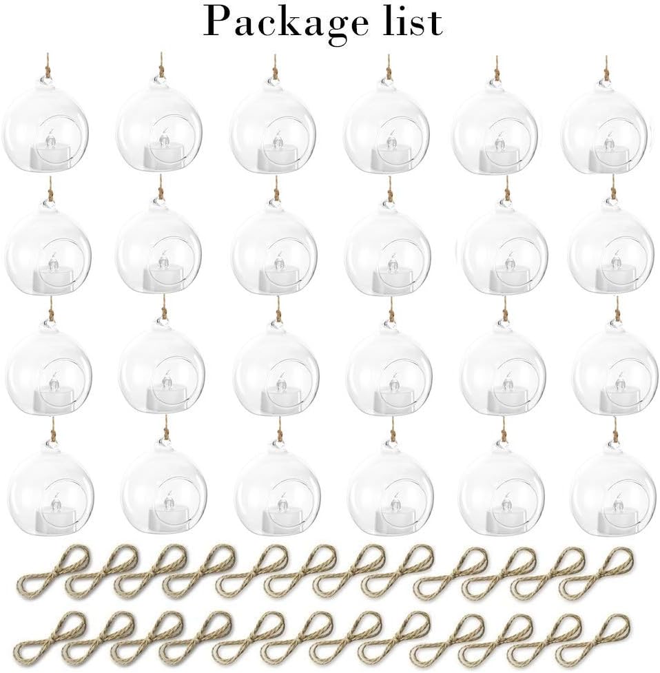 24 Pcs 3.15"/ 8cm Hanging Glass Tealight Holder Globe with LED Tealight, Plant Terrariums Glass Orbs Air Plants Tea Light Candle Holders Home Decor Indoor Outdoor Garden DIY Gifts (24 Pcs)