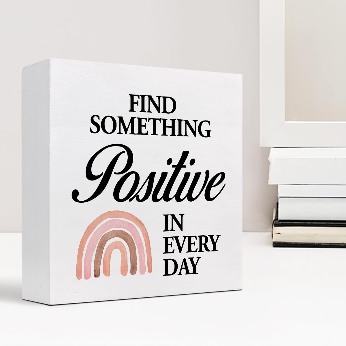 Z-crange Find Something Positive in Every Day Boho Rainbow Wood Block Sign, Rustic Inspirational Wooden Box Plaque for Home College Office Shelf Table Decor