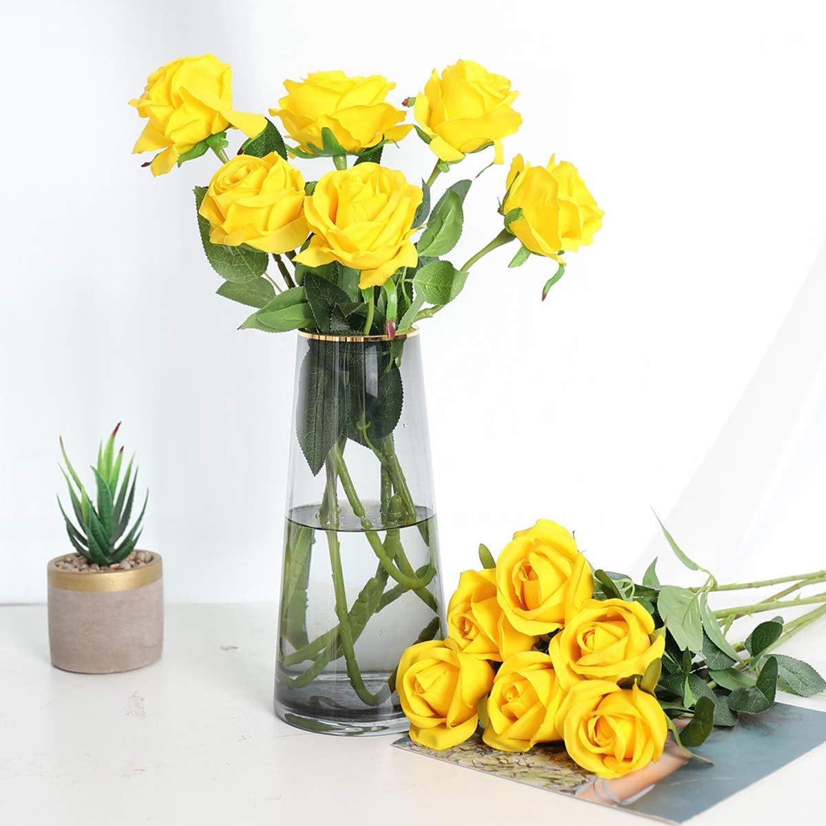Hawesome 12PCS Artificial Silk Flowers Realistic Roses Bouquet Long Stem for Home Wedding Decoration Party (Yellow 1)