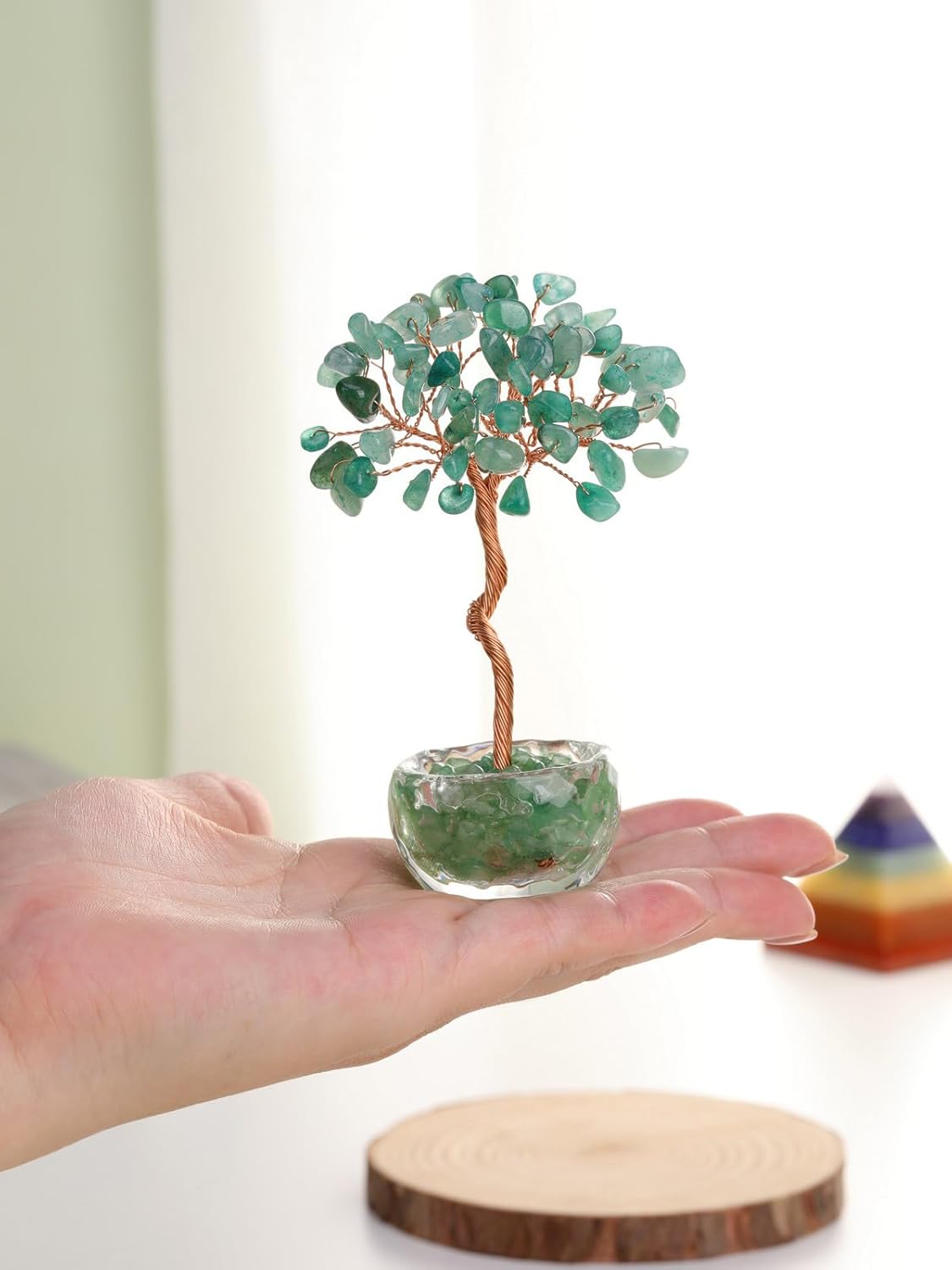 Jovivi Small Green Aventurine Crystal Tree, Natural Crystal Healing Stones Tree Glass Bowl Base Gemstone Money Trees Feng Shui Good Luck Home Desk Decor