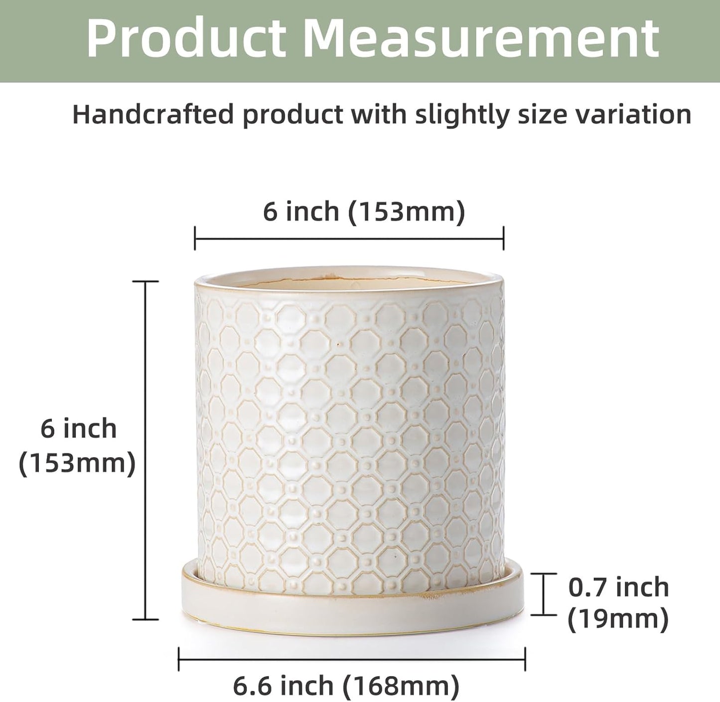 6 Inch Plant Pot: Ceramic Planter with Drainage Hole & Saucer Indoor Outdoor Plants - Cylinder Round Flower Pot for Home Office - Modern Decorative - Small White