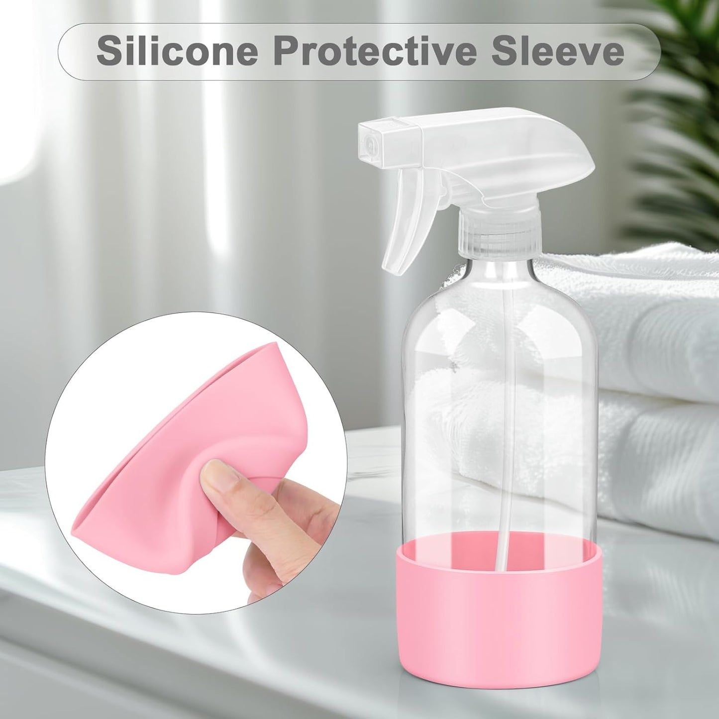 2 Pack Glass Spray Bottles with Silicone Sleeve, 16 oz Empty Refillable Containers with Adjustable Spray Nozzles, Spray Bottles for Hair, Cleaning Solutions and Plants Pink&Grey