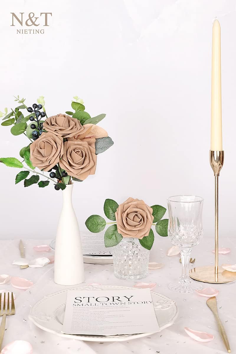 N&T NIETING Artificial Flowers Light Brown Roses, 50 Pcs Faux Flowers Fake Flowers Perfect for DIY Wedding Bouquets Centerpieces Birthday Party Home Flower Arrangement Decorations Fall Flowers