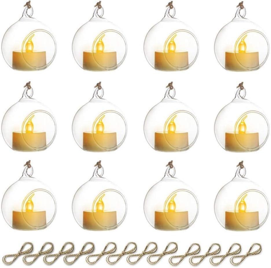 Sziqiqi Hanging Glass Globes Orbs Tea Light Candle Holders with Flameless LED Tealight for Wedding Ornaments, Wedding Birthday Christmas Party Centerpiece Accessory 2.36inch 10pcs +2 Extra