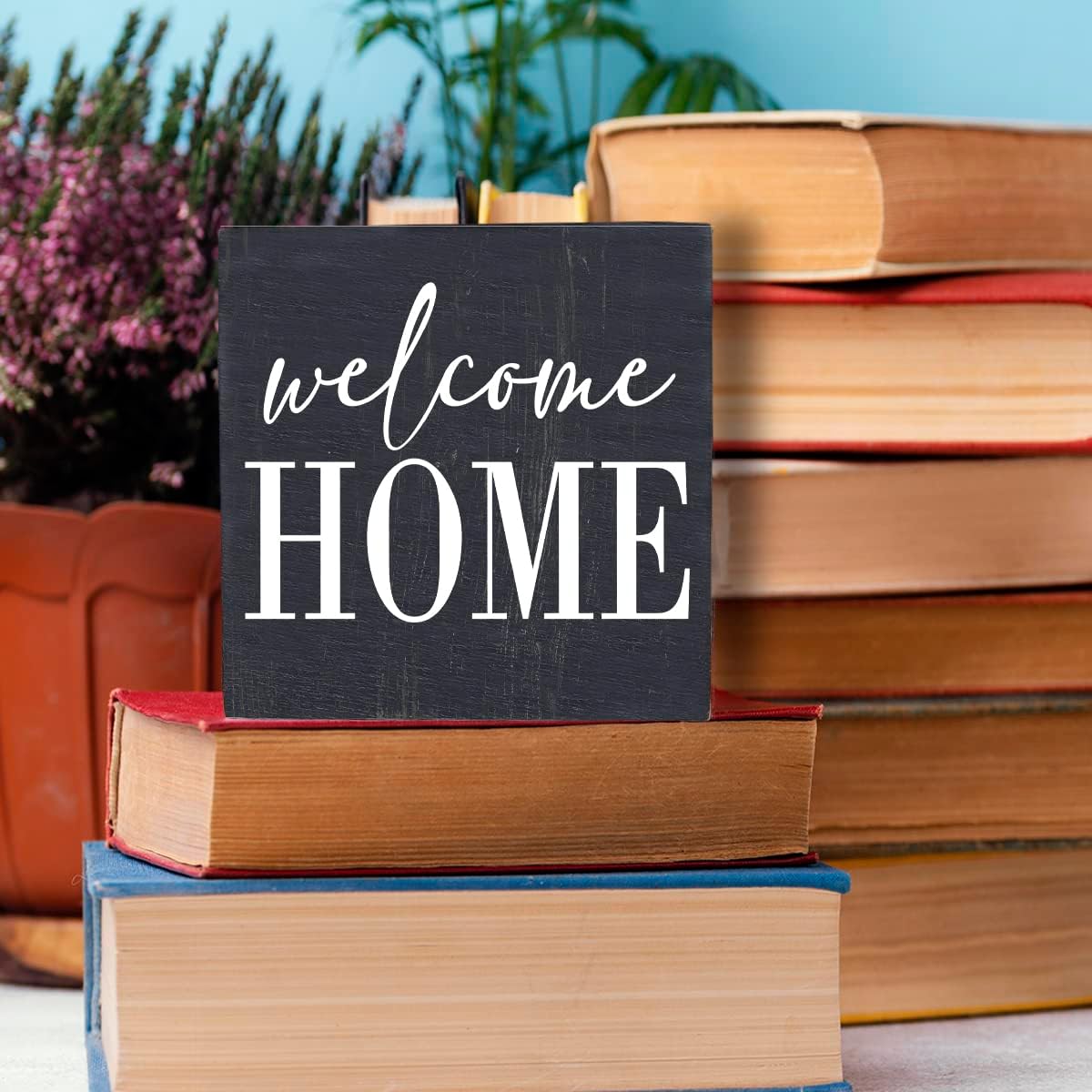 HTBIG Welcome Home Sign Home Decor Desk Decor Wooden Box Sign Rustic Black Wood Block Plaque Box Sign for Women Family Friends Farmhouse Living Room Kitchen Bedroom Shelf Table Decoration