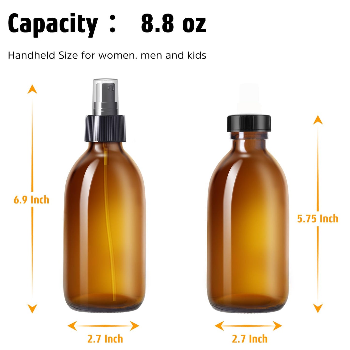 Tecohouse Amber Glass Spray Bottles 8.8 oz, 2 Pack Empty Spray Bottle for Essential Oils, Small Glass Bottles for Cleaning Solutions, Plants, Hair with Durable Nozzle, Labels, Funnel