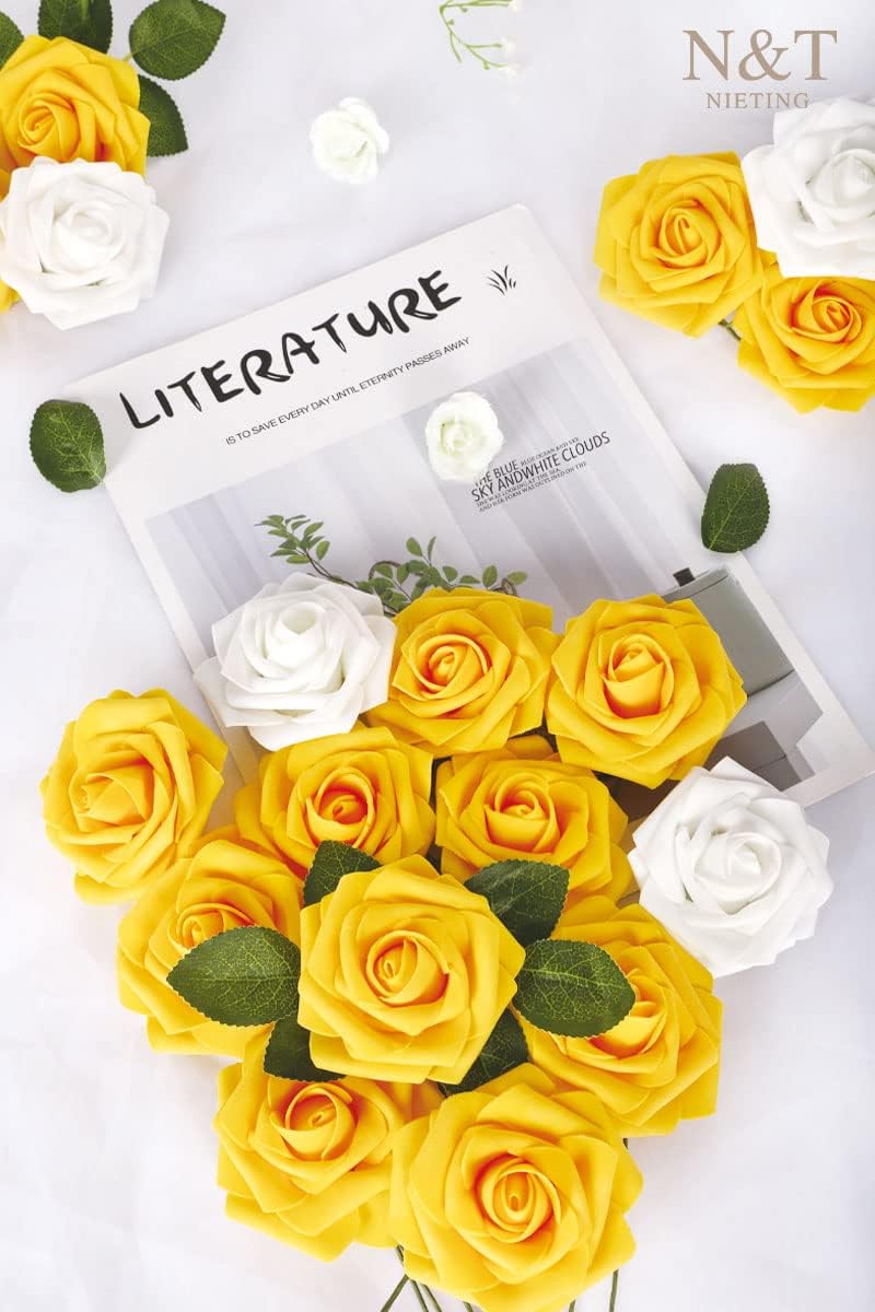 N&T NIETING Artificial Flowers, 50Pcs Fake Flowers Roses Perfect for DIY Wedding Bouquets Centerpieces Bridal Shower Party Home Flower Arrangement Decorations, Gold