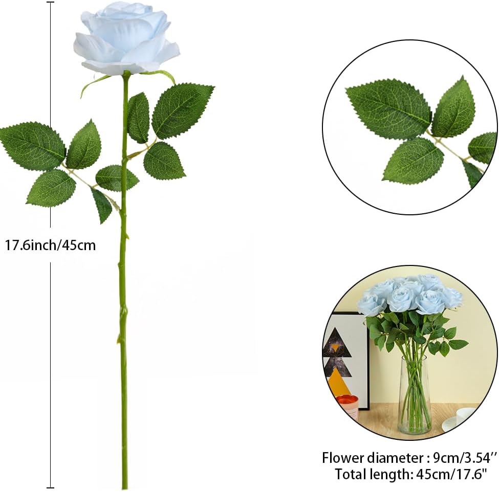 12pcs Roses Artificial Flowers Fake Roses Baby Blue Silk Roses White Silk Flowers Rose with Long Stems for Wedding Home Party Centerpieces Decorations
