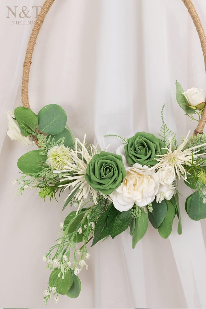 N&T NIETING Artificial Flowers Roses Army Green Foam Rose 50pcs Fake Flowers with Stem for DIY Wedding Bouquets Centerpieces Bridal Baby Shower Party Home Shower Arrangement Decoration