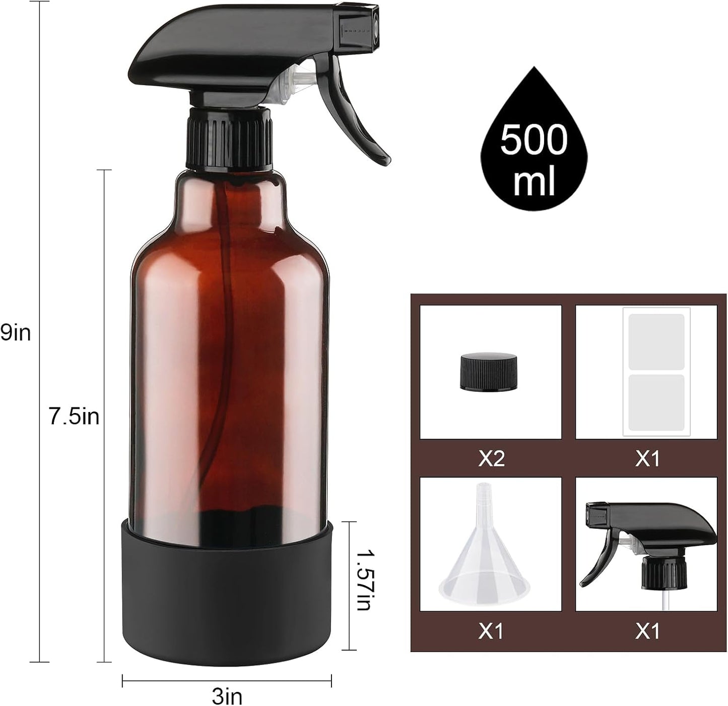 Glass Amber Spray Bottles with Silicone Sleeve, 2 Pack 16.9oz Refillable Containers with Adjustable Spray Nozzles, Empty Spray Bottle for Cleaning Solutions, Hair, Plants, Essential Oils (Black+Grey)