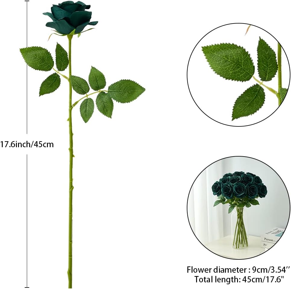 12PC Peacock Green Roses Artificial Flowers Fake Roses Silk Flowers Roses with Long Stems for Wedding Home Party Centerpieces Decorations