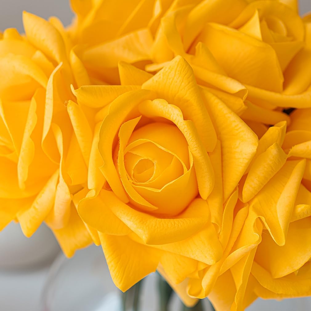 Artificial Roses Single Stem 10pcs Fake Silk Flower Arrangement Bouquet Real Touch for Home Party Wedding Decoration(Orange Yellow)