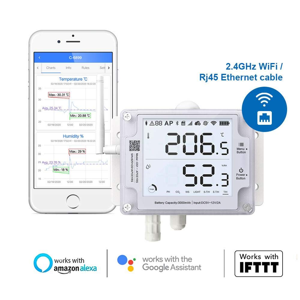 Ubibot Thermometer Hygrometer, Wireless Temperature Data Logger, Remote Humidity Monitor for Refrigerated Truck Free App Email Alarm, IFTTT 2.4GHz only (GS1-AETH1RS Ethernet)