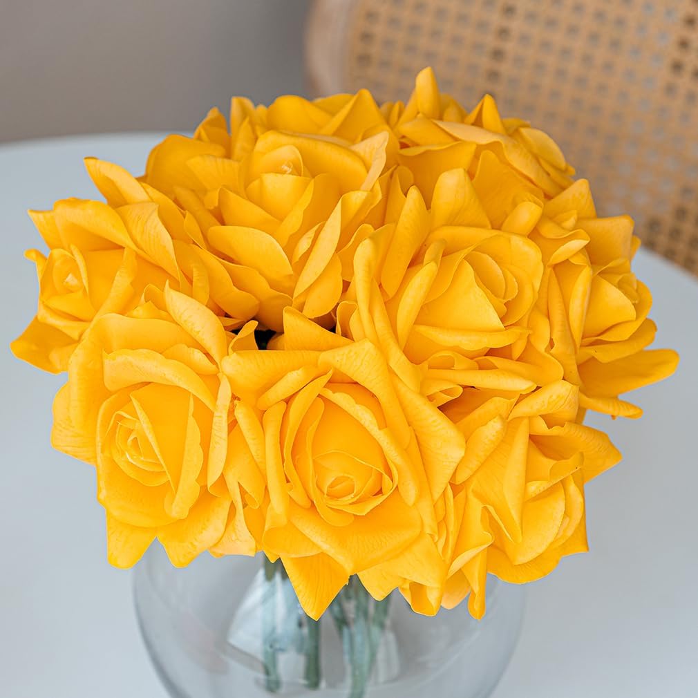 Artificial Roses Single Stem 10pcs Fake Silk Flower Arrangement Bouquet Real Touch for Home Party Wedding Decoration(Orange Yellow)