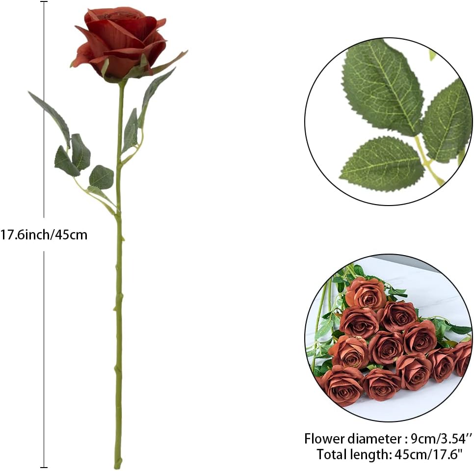 12pcs Rust Orange Rose Artificial Flowers Faux Roses Silk Roses Orange Silk Flowers with Long Stems for Wedding Baby Shower Home Decor Party Centerpieces Table Decorations