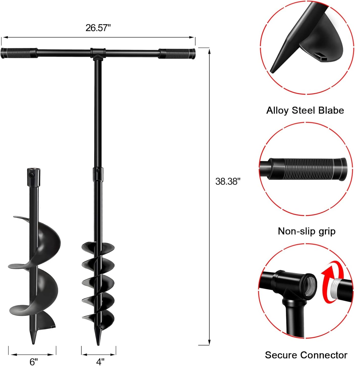 LONGRUN T-Shaped Garden Auger Drill Bit for Planting, Hand Operated Spiral Post Hole Digger, Easy Rapid Planter for Bulbs Flowers, Trees, Seedlings Planting, Bedding, Umbrella Holes-4 & 6x38 Inch Set
