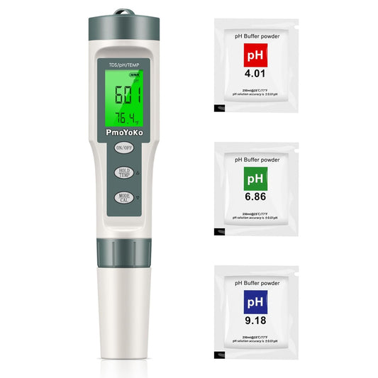 pH Meter, Digital PH Tester Pen 3 pH Calibration Powders ±0.01 pH Accuracy Pocket Size, Lcd display for Household Drinking, Pool and Aquarium