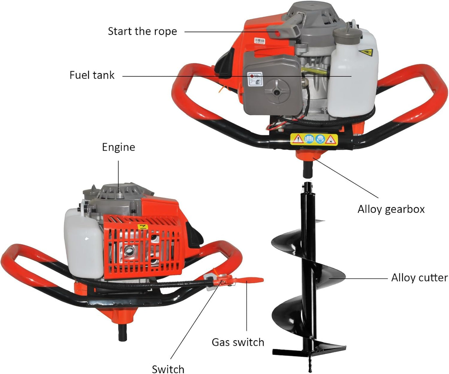 85cc 4HP Post Hole Digger Gas Powered, Gas Earth Auger/Ice Auger, with 3 Drill Bits 4"/8"/12" + 2 Extension Bar, One Man Earth Auger for Planting Fence, EPA Compliant Post Hole Auger