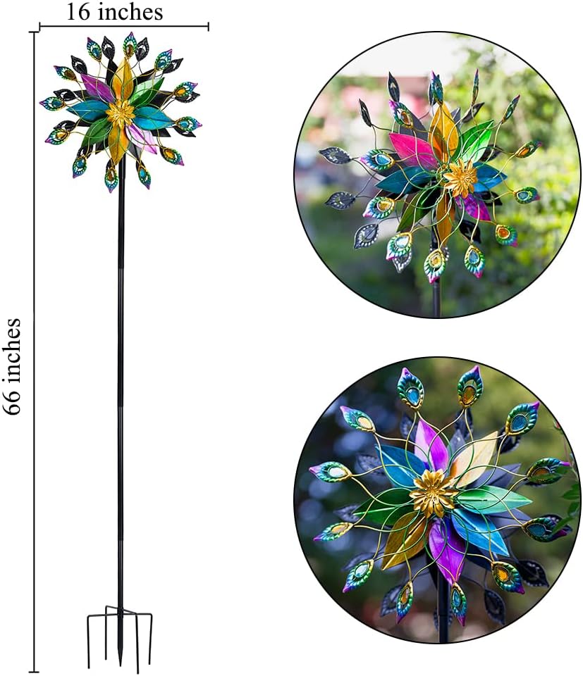 DREAMYSOUL Outdoor Kinetic Wind Spinner 360 Degree Rotate, Double-Sided Large Metal Wind Spinners for Yard and Garden, 16" Dia * 66" H Tall Wind Sculpture & Spinners