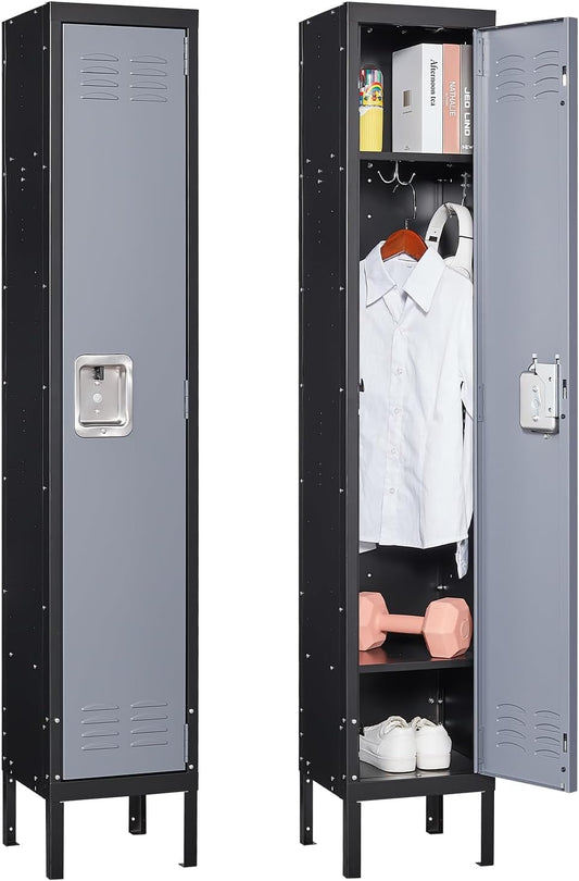 Metal Locker for Home, Dressing Room, Gym, 65.98" Steel Storage Lockers for Employees, Lockable Locker Cabinet with 1 Door (Grey Black)
