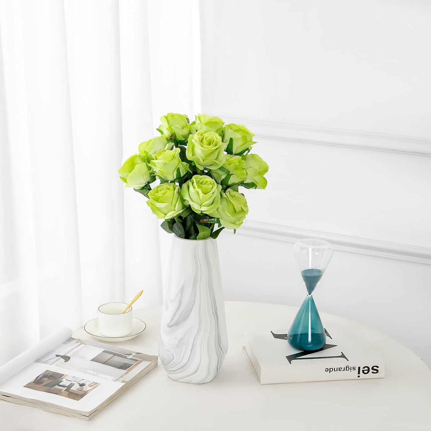 Hawesome 12PCS Artificial Silk Flowers Realistic Roses Bouquet Long Stem for Home Wedding Decoration Party (Green)