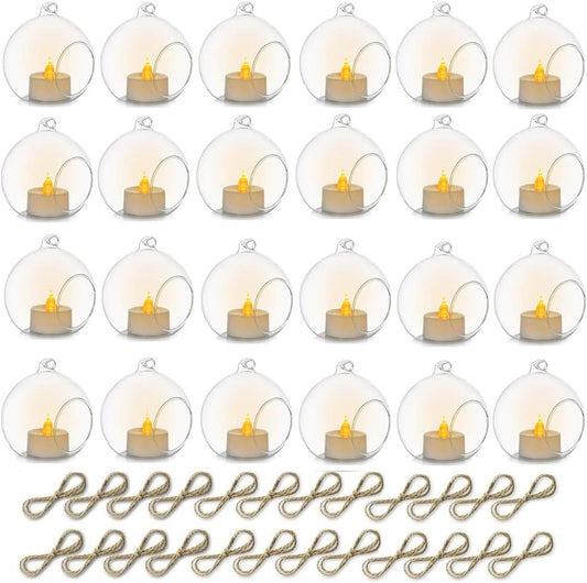 24 Pcs 3.15"/ 8cm Hanging Glass Tealight Holder Globe with LED Tealight, Plant Terrariums Glass Orbs Air Plants Tea Light Candle Holders Home Decor Indoor Outdoor Garden DIY Gifts (24 Pcs)