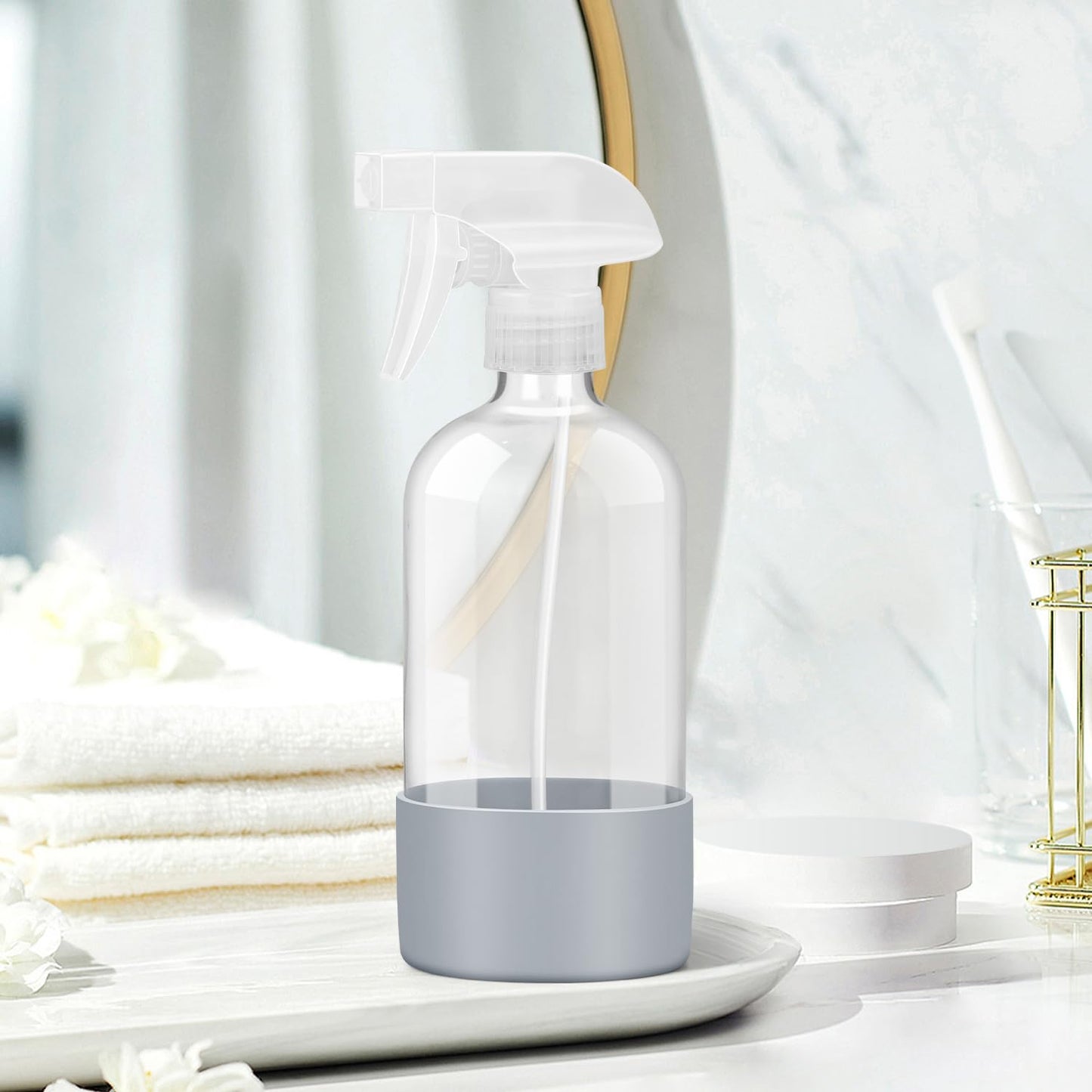 Glass Spray Bottles with Silicone Sleeve Protection, Empty 16 oz Refillable Containers, Reusable Spray Bottles with Adjustable Nozzle for Hair, Cleaning Solutions, Essential Oils 1 Pack Grey