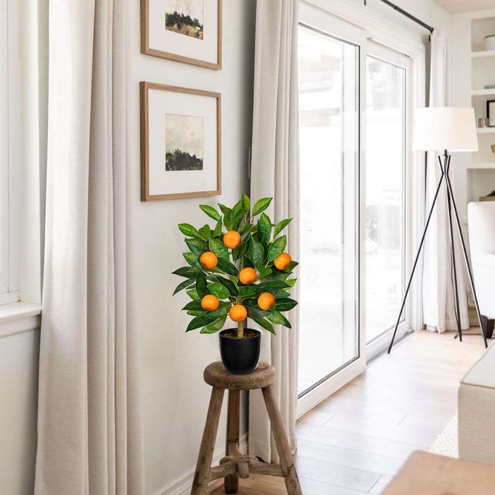 Artificial Potted Plants 15.7 inches Fake Orange Tree Artificial Citrus Fruit Plant with Black Pot Faux Plants Indoor for Home,Office, Living Room Table, Desk