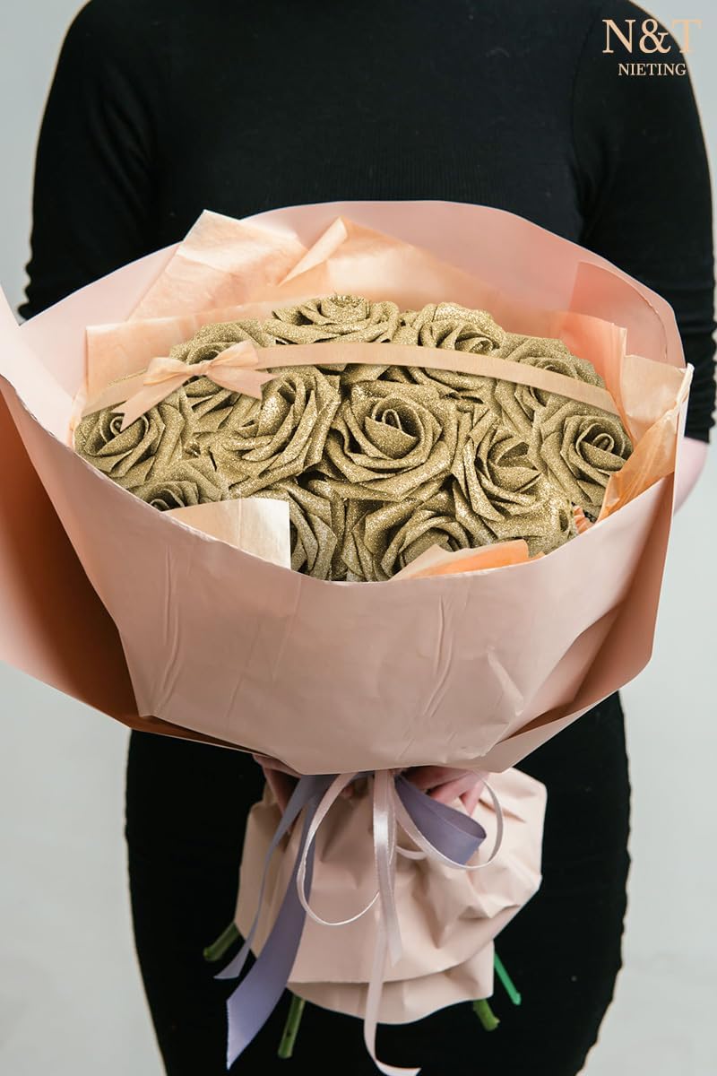 N&T NIETING Artificial Flowers Glowing Gold Flowers Foam 25pcs Glitter Roses Real Looking Fake Roses with Stem for DIY Wedding Bouquets Centerpieces Bridal Shower Party Home Decorations