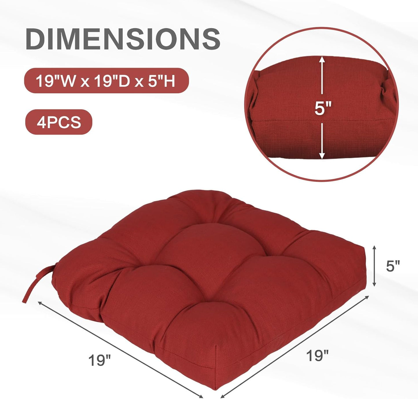 Aoodor 19" x 19" x 5" Tufted Outdoor Chair Cushions, Water Resistant & Fade Resistant Polyester Dining Chair Pads with 2 Straps for Patio Furniture, Set of 4