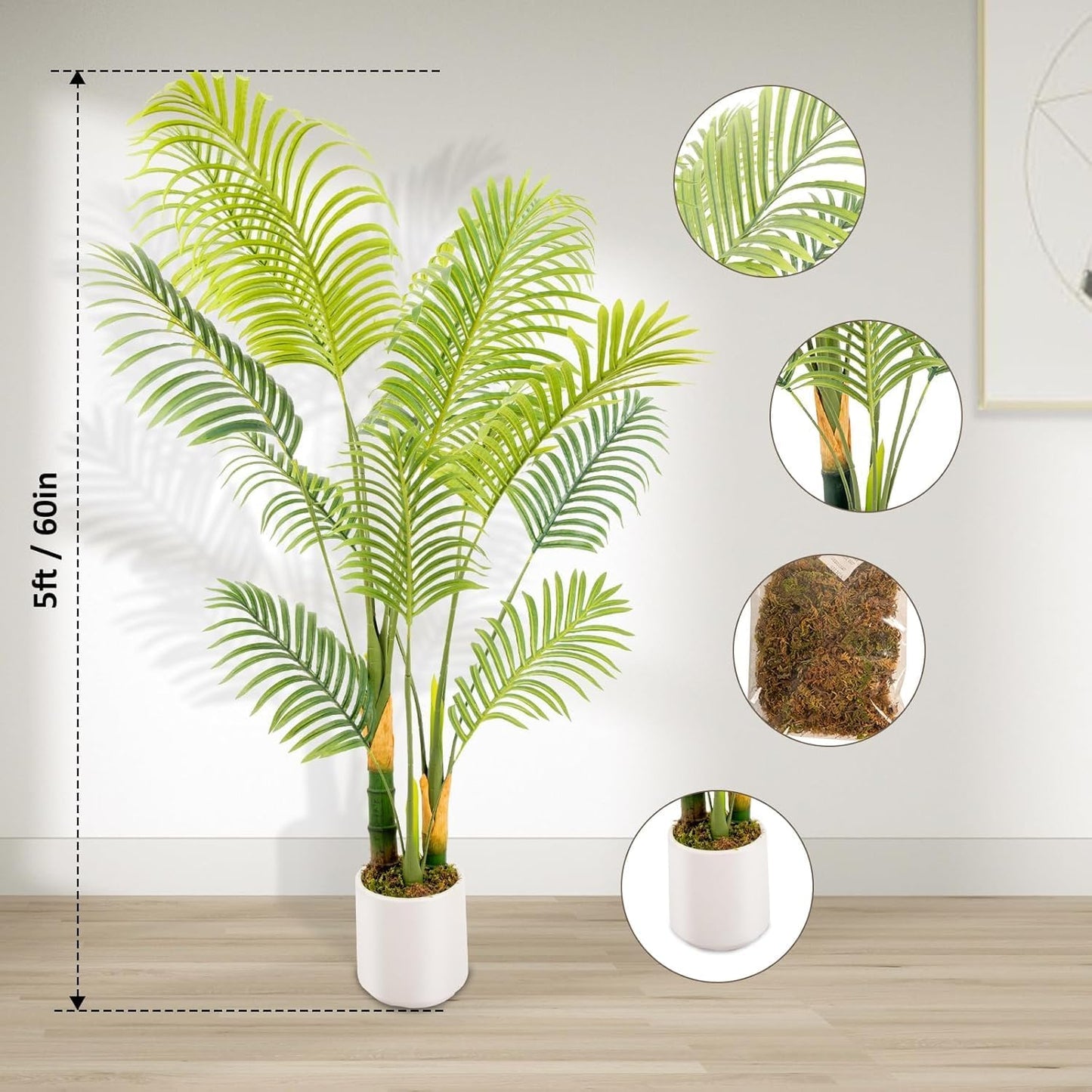 Artificial Fake Palm Tree 5FT 2Pack with White Planter & Free Moss, UV Resistant Artificial Palm Tree for Outdoors, Fake Plants for Poolside Home Room Decor, Faux Plants Outdoor Decor