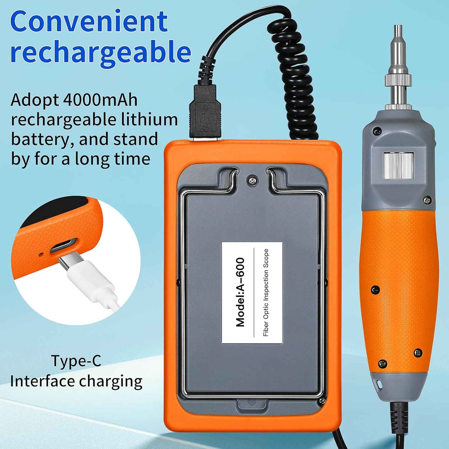 Orange A-600 Handheld 400x Fiber Optic end face Detector Magnifier Fiber Optic Microscope 5-inch high-Definition Touch Screen for SC/FC/ST/LC UPC Male/Female Head Interface Fiber Inspector (A-600U)