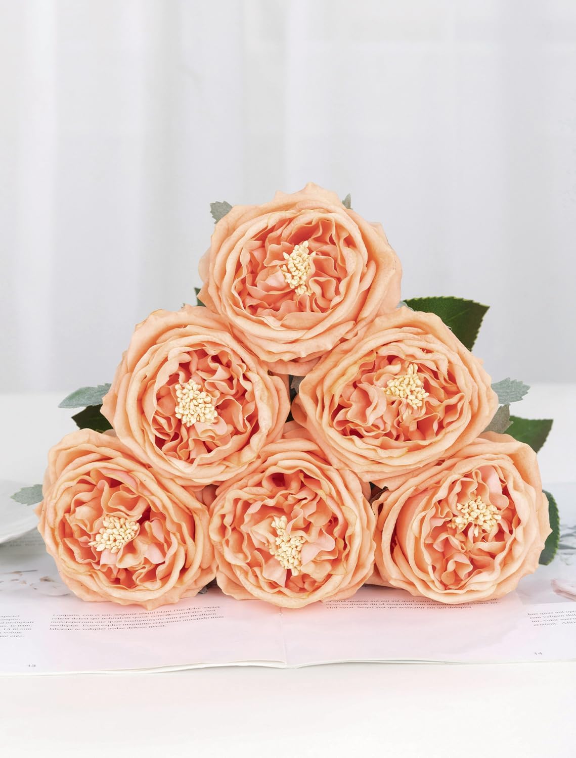 DuHouse 5Pcs Silk Roses Fake White Roses with Stems Real Touch Rose Artificial Flowers for Arrangement Wedding Party Home Decoration(Peach Fuzz)