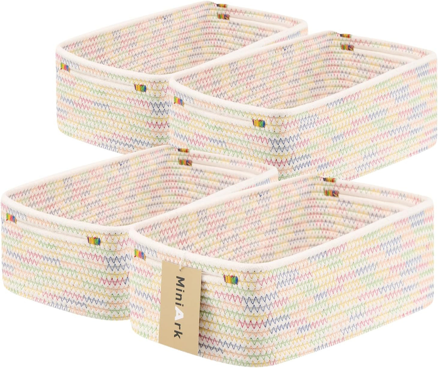 Small Storage Baskets for Organizing | Closet Organizer Bins | Shelf Toy Basket | Woven Rope Baskets | Cube Decorative Box | Shallow Basket | 13x8.5x5.1” | 4 Packs Rainbow