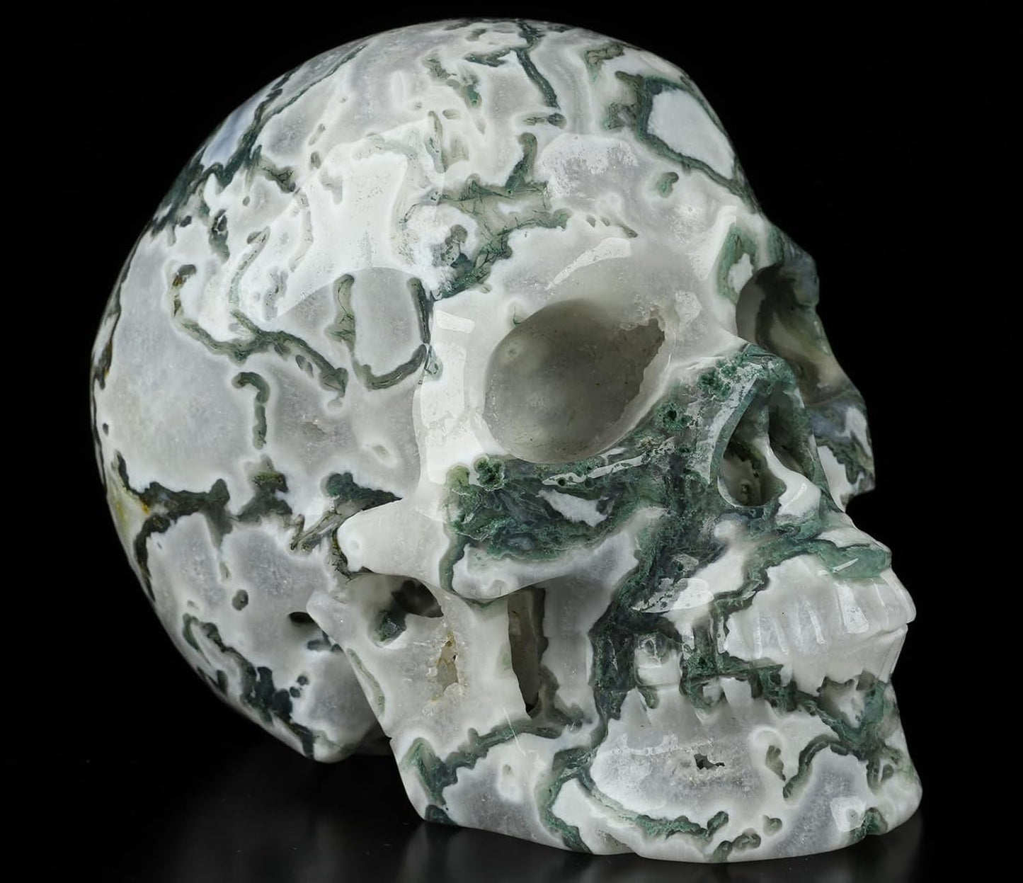 Skullis 5.0” Green Moss Agate Crystal Skull, Hand Carved Gemstone Fine Art Sculpture, Reiki Healing Stone Statue.2054