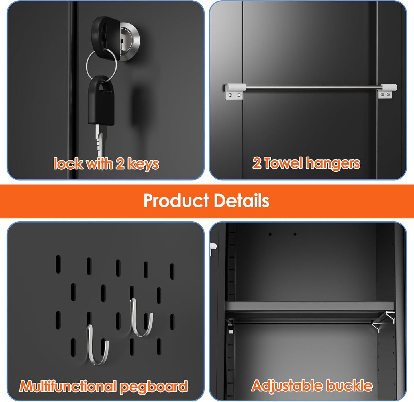 Broom Closet Storage Cabinet with 5 Pegboard, Hanging Rod &13 Hooks, Utility Metal Garage Storage Cabinets with Doors and 4 Shelves for for Garage Home Storage, Black,61.6" Hx27.6 Wx13.8 D