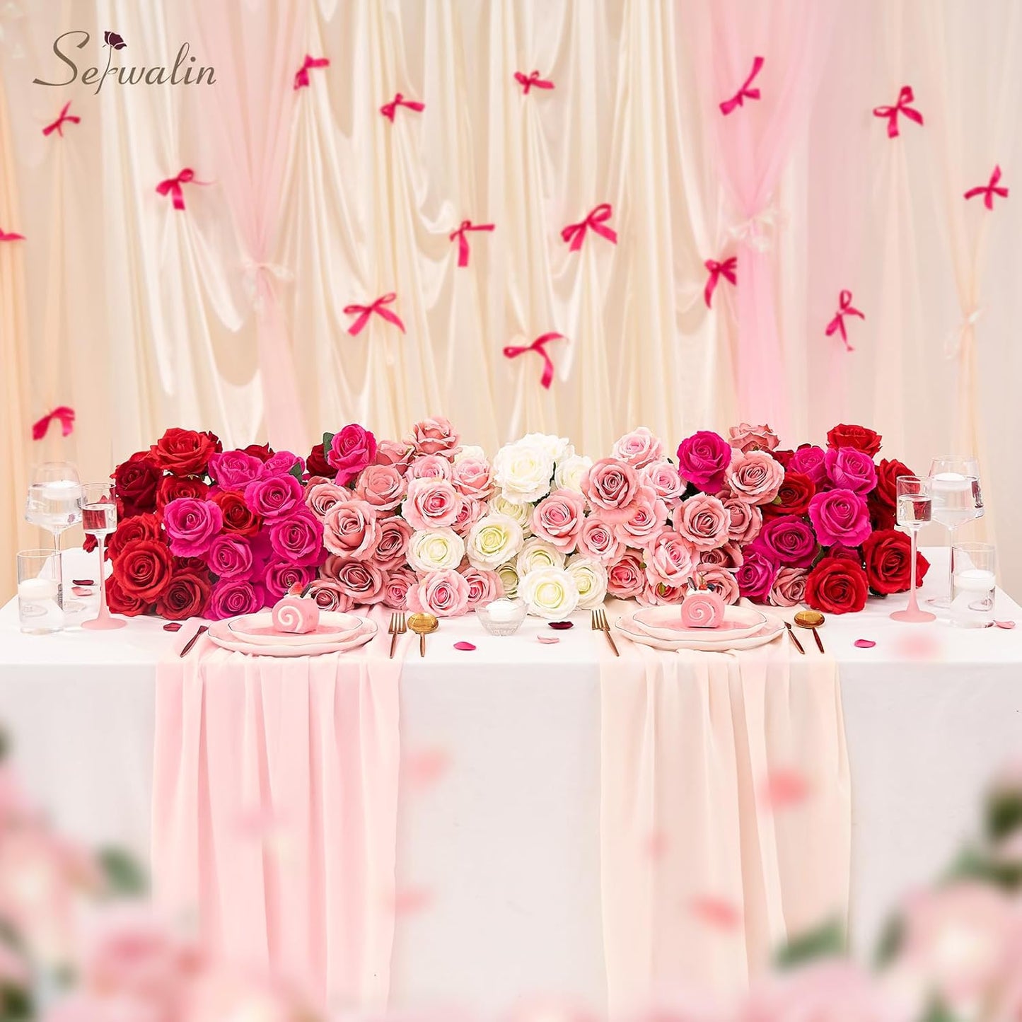 Serwalin 20pcs Artificial Pink & Hot Pink Roses, 4'' Big Flower Head, Fake Velvet Roses, Silk Roses Long Stems Realistic Bouquet for Wedding Parties Table Centerpiece and Home Decor