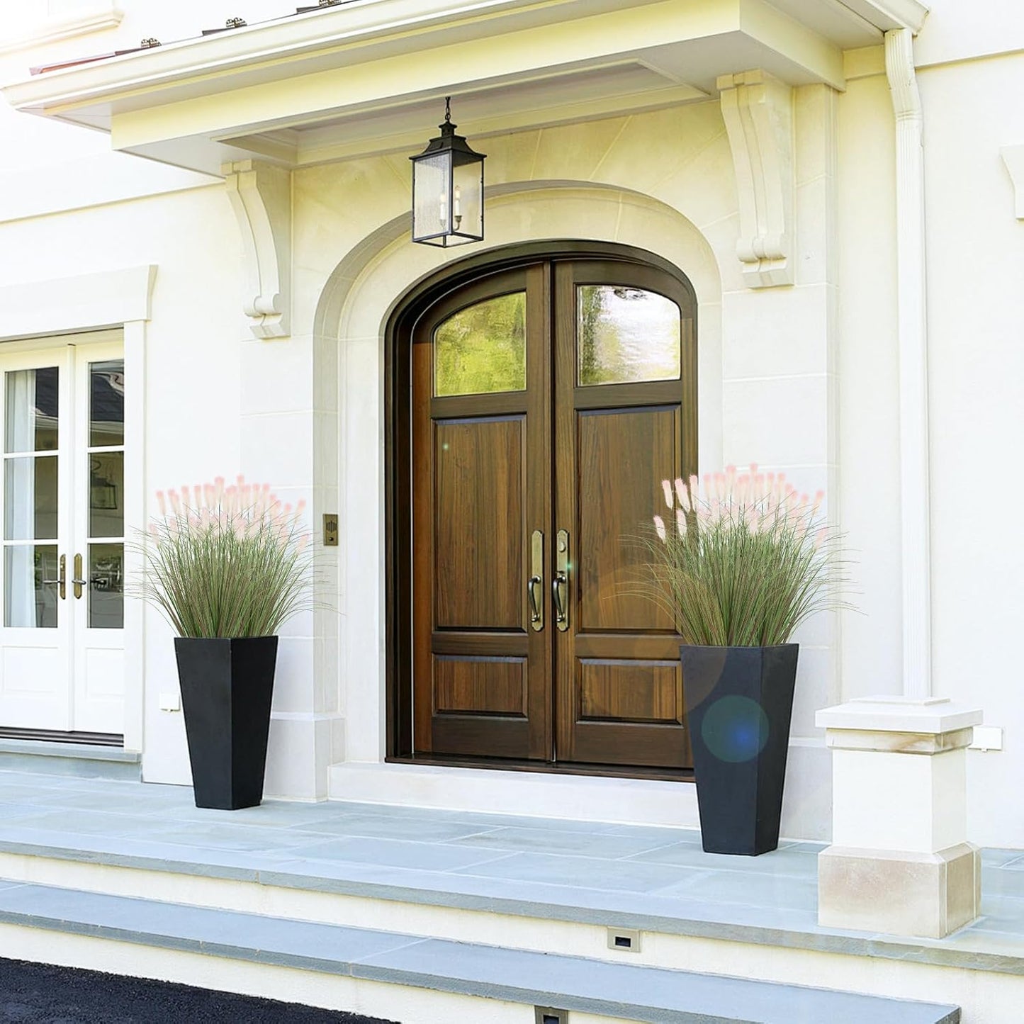 Artificial Grasses Plants Oudoor 24 Bunches Onion Grass Greenery with Plush Faux Fake Shrubs Plant Onion Wheat Grass for Outside Garden Indoor House Home Office Décor (Light Purple & Pink Plush