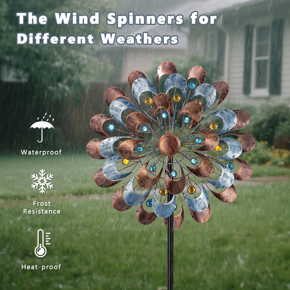 DREAMYSOUL Wind Spinner Outdoor Clearance, 20" Dia Large Metal Windmills with Blue and Copper Blades, Kinetic Wind Spinners & Sculpture for Yard and Garden