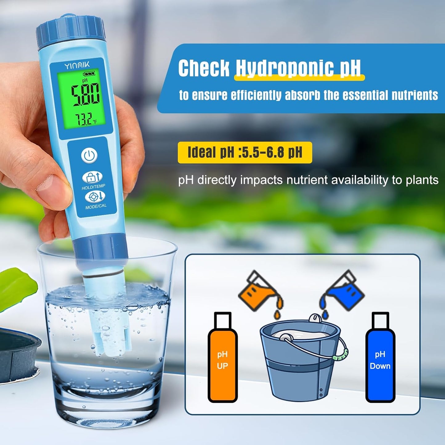Water pH Meter, Digital 4 in 1 pH Temp EC TDS Meter for Hydroponics, PH Conductivity PPM Tester with EC Calibration Liquid, Suit for Growing Nutrients,Reservoir Tank,DWC,Brewing,Pool, Aquarium