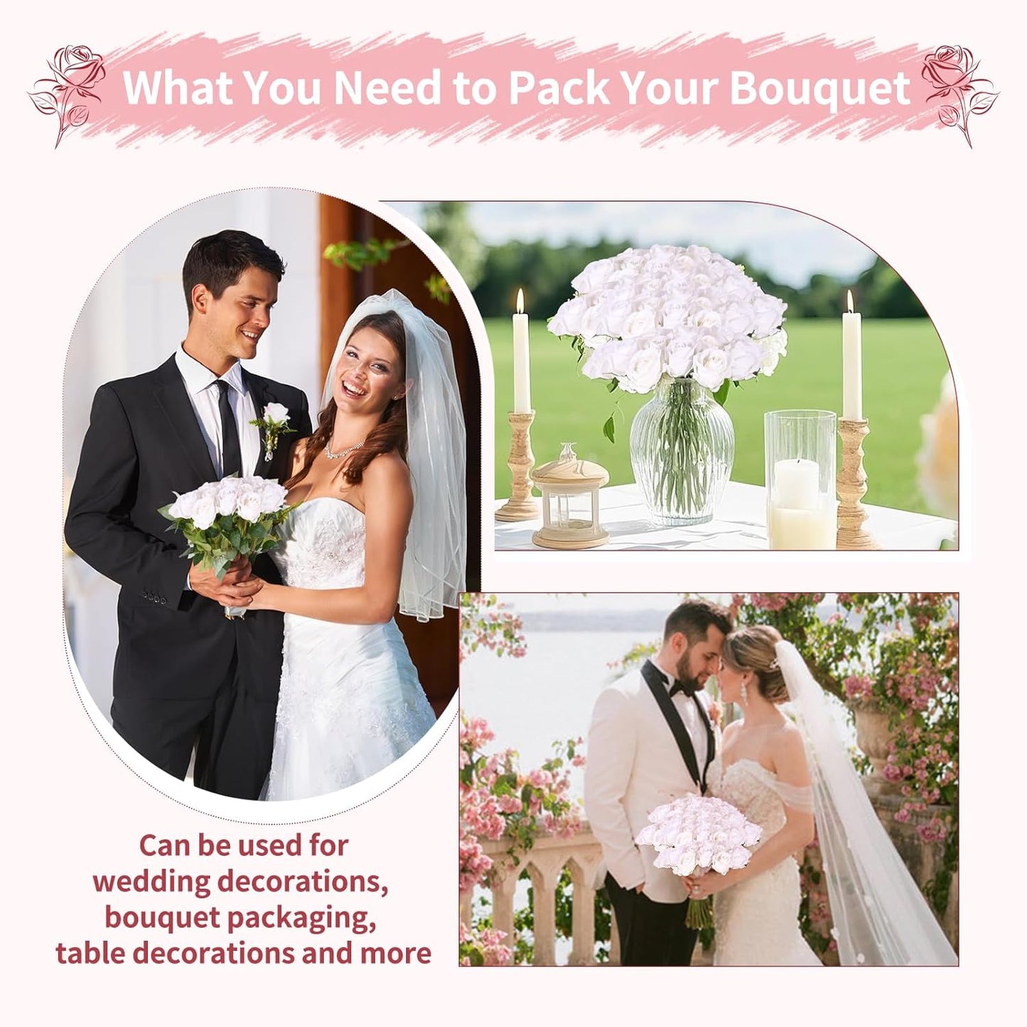 102 PCS Fake Roses Artificial Flowers Bulk, White Roses Bridal Bouquet Silk Faux Rose with Stems for Wedding Flowers Decoration, Valentine's Day, Bridal Bouquet, Anniversary,Home Decor(102PCS, White)