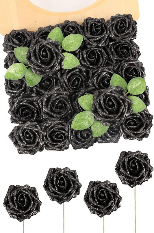 N&T NIETING Artificial Flowers Glowing Black Flowers Foam 50pcs Glitter Roses Real Looking Fake Roses with Stem for DIY Wedding Bouquets Centerpieces Bridal Shower Party Home Decorations