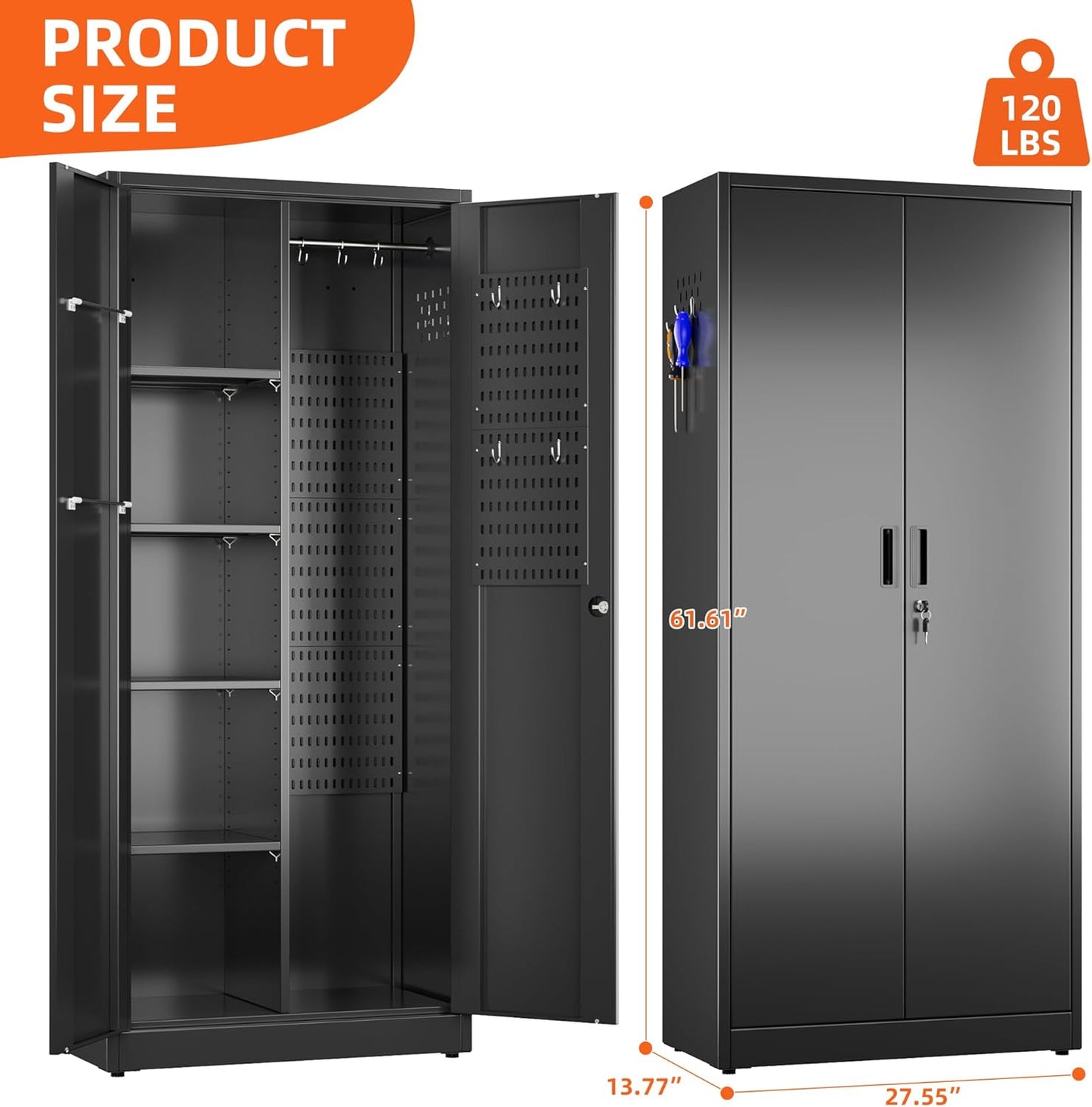 Broom Closet Storage Cabinet with 5 Pegboard, Hanging Rod &13 Hooks, Utility Metal Garage Storage Cabinets with Doors and 4 Shelves for for Garage Home Storage, Black,61.6" Hx27.6 Wx13.8 D