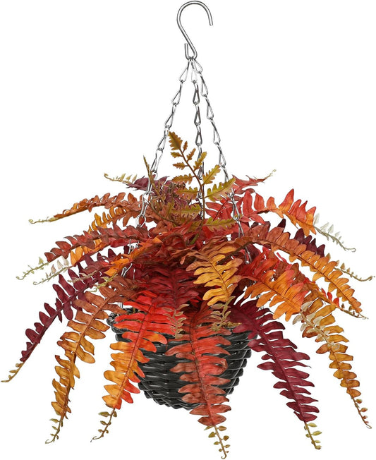 Hollyone Fall Hanging Baskets Small Artificial Fern Orange 21 Leaves Fall Hanging Decor Plant Boston Ferns Silk Plants with Black Rattan Baskets Outdoors Indoor Fake Fern Autumn Decorations for Home