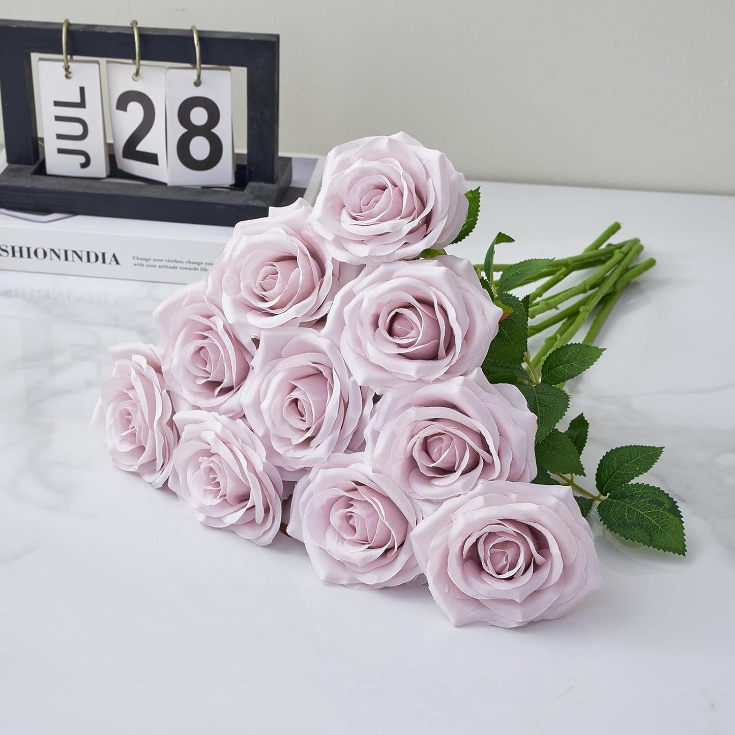 Artificial Rose 10pcs Open Flower Bouquet Faux Rose Stems for Wedding Arrangement, Bridal Bouquet, Centerpiece, Fake Faux Silk Flowers (Dusty Purple)