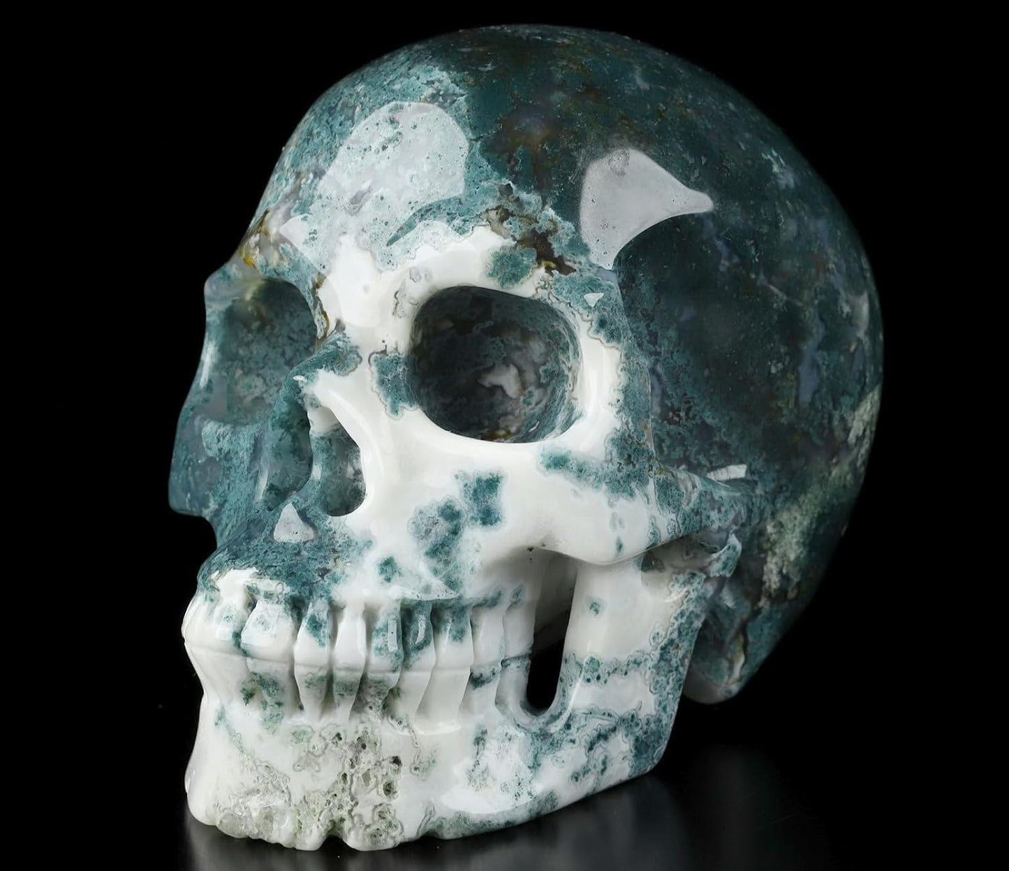 Skullis 5.0" Green Moss Agate Crystal Skull, Hand Carved Gemstone Fine Art Sculpture, Reiki Healing Stone Statue.2057